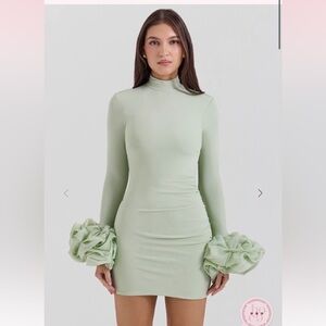 House of CB Sage Green High Neck Mini Dress with Ruffle Cuffs